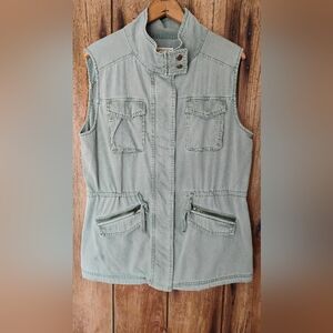 Caslon Women's Green Utility Vest Sz Large Sleeveless Zip Closure Pockets
